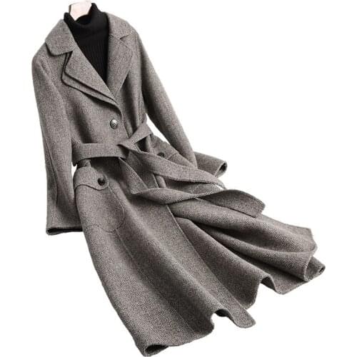 Natural Wool Coats Winter 2019 New Ladies Double-sided Cashmere Slim Long Jacket Alpaca Korean Belt Coat Casaco Feminino M138