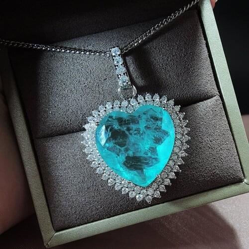 QTT Excellent Big Heart Love Women Chain Necklace Paraiba Emerald Tourmaline Gemstone Gold Silver Necklace Glittering Jewelry