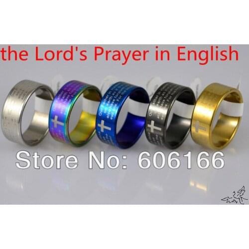 Mixed Color ENGLISH Bible Lords Prayer Cross Ring Plated Stainless Steel Rings Fashion Religious Jewelry