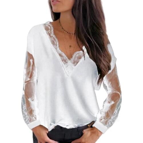 Sexy Women Pullovers Lace Patchwork Decor See Through Long Sleeve V Neck Loose shirt Blouse Slim Fashion Top Pullover Shirt