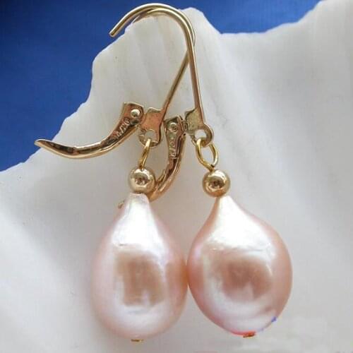 New Favorite Pearl Jewelry 15mm Pink Drop Freshwater Pearls 14k/20 GP Dangle Earrings Wedding Party Birthday Charming Lady Gift