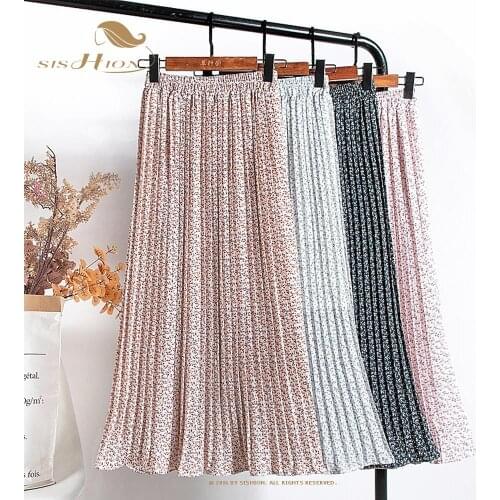 SISHION 2021 Holiday Beach Long Boho Maxi Skirt VD1818 High Waist Women Summer Floral Print Chiffon Pleated Midi Skirt