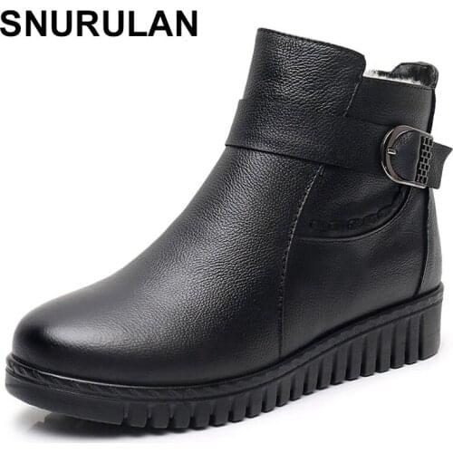 SNURULAN Fashion Winter Women Genuine Leather Ankle Boots Female Thick Wool Warm Snow Boots Mother Waterproof Non-slip Booties