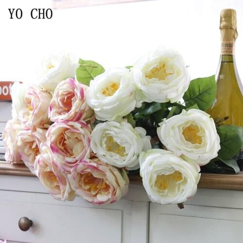 YO CHO Artificial Flowers Roses Peonies Silk Flower Bouquet Fake Flowers White Pink Wedding Party Decorations Artificial Flowers