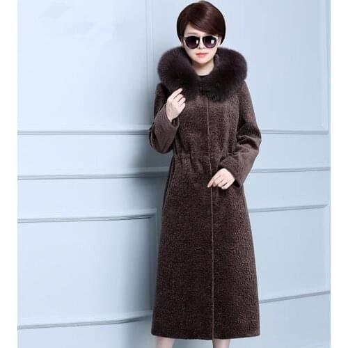 Autumn Genuine Coat Women Winter Warm Thick Sheep Shearing Jackets Fox Fur Collar Hooded Plus Size 5XL ParkaMF696