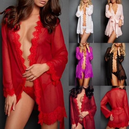 Womens Sleepwear Set Eyelash Lace Robe Sheer Mesh Kimono Nightgown Sexy Lingerie