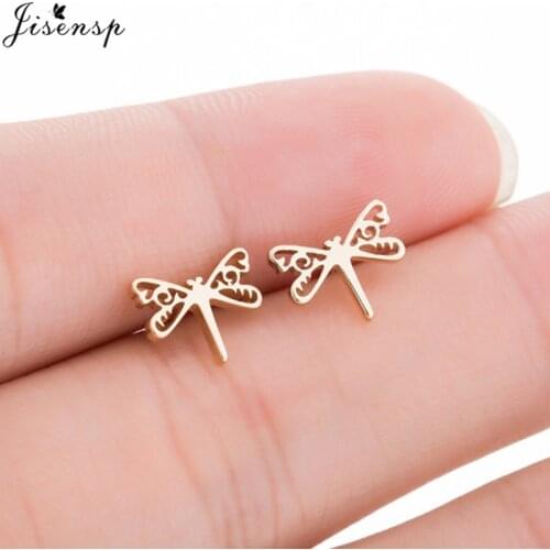 Jisensp Korean Style Hollow Dragonfly Earrings for Women Wedding Jewelry Accessories Animal Stainless Steel Stud Earrings joyas