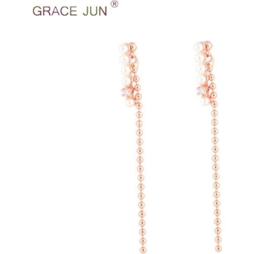 GRACE JUN 2019 Long Bead Chain Clip on Earrings Without Pierced for Women Elegant Faux Pearl Earrings Charm Jewelry Accessory
