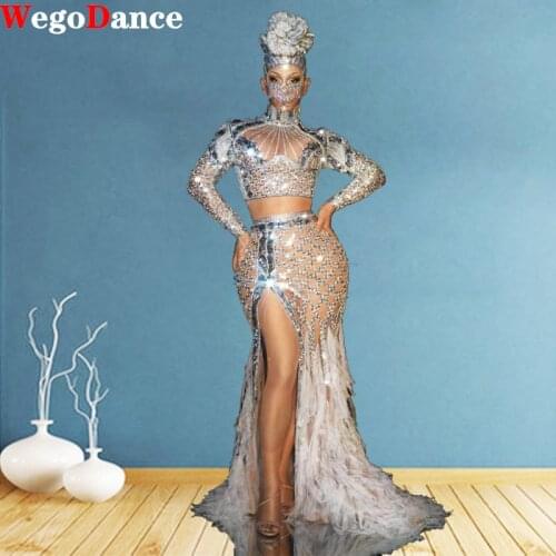 Sparkling Silver Sequin Evening Party Women High Slit Stretch Mesh Perspective Prom Mermaid Long Dress Singer Stage Wear