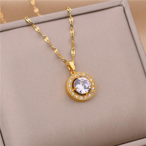 2021 New Luxury Romantic Crystal Inlaid Round Zircon Pendant Women Necklace Ladies Stainless Steel Jewelry Female Clavicle Chain