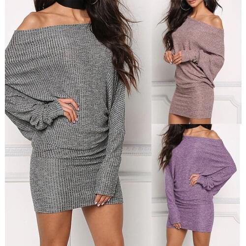 Sexy Off Shoulder Bat Sleeve Knitted Dress Women Winter Solid Sweater Pencil Vestidos Office Lady Slim Warm Mini Dress