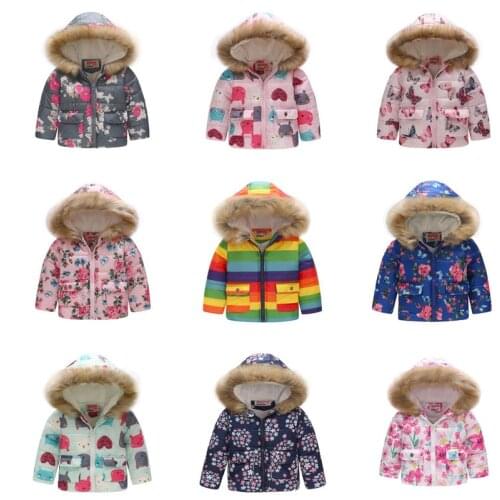 Winter Kids Jacket With Fur Hooded Dinosaur Printed Rainbow Children Snow Jacket Boy Windbreaker Outerwear Girls Parkas Coats