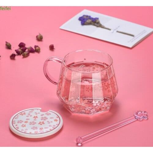 1PC Sakura Glass Cup Diamond Tea Cup With Stirring Stick Cup Lid Coffee Milk Cup Glasses Drinking Kitchen Office Water Cup