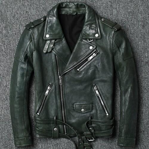 2020 Men Genuine Motorcycle Leather Jacket Tanned Vintage Goatskin Green Slim Coat Oblique zipper Biker Jackets M-4XL