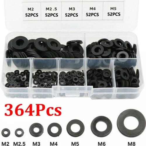 364pcs/Set Black Nylon Flat Ring Repair Washer Gasket For Metric M2-M8 Durable Sorting Car Home Electrical Connections Gasket