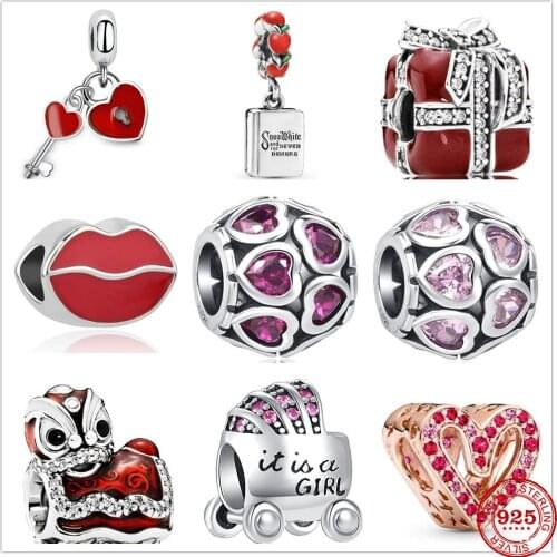 Genuine 925 Sterling Silver Heart Lips Present Baby carriage Charm Beads Fit Original Pandora Bracelet Charm Jewelry Gift