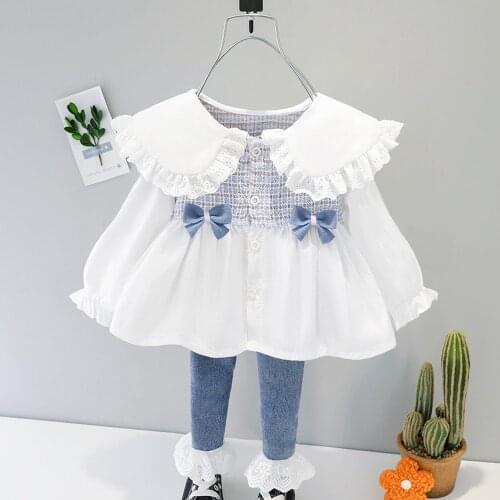 Girls Princess 2pcs Clothes Set Baby Kids Children Spring Long Sleeve Plaid Bow Dresses-Shirt Tops+Lace Jeans Pant Outfit S11908