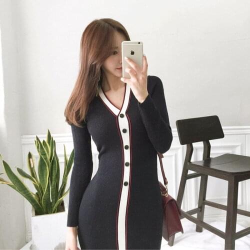 Korean Womens Knit Fashion Patchwork Dress Womens Spring Long-Sleeved Sexy V-Neck Bodycon Knee-Length Lady Office Dress