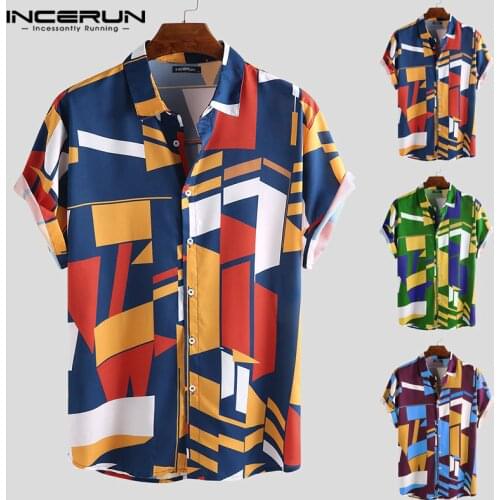 INCERUN Summer Men Beach Shirt Geometric Print Short Sleeve Lapel Neck Button Leisure Hawaiian Shirts Men 2021 Streetwear S-5XL
