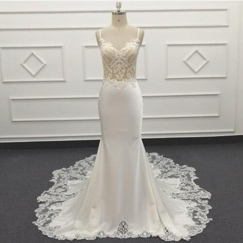 Molanda Hung Cut-out Wedding Dress Appliques Spaghetti Straps Sweetheart Transparent Bodice Buttons Italy Satin SJ812