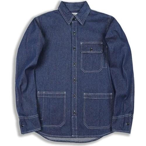Mcikkny Men Cargo Casual Denim Shirts Multi Pockets Cotton Jeans Shirts Size M-2XL Solid Color Spring Autumn