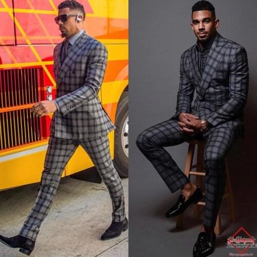 Grey Plaid Mens Suits 2PCS Wedding Tuxedos Costume Homme Mariage Formal Best Man Suit Handsome Tweed Jacket Pants