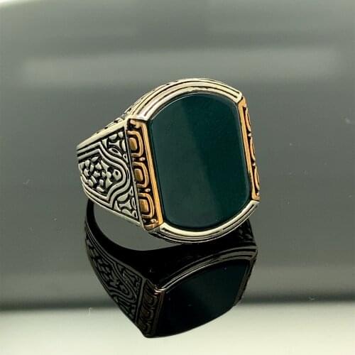 Men Handmade Ring, Green Agate Ring, Aqeeq Gemstone Ring, Ottoman Ring , Türkish Handmade , 925k Sterling Silver , Gift For Him