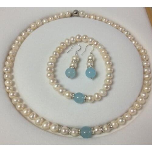 Real White Pearl bracelets necklace earrings set