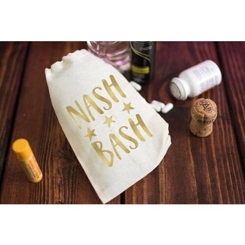 Custom gold Nash Bash wedding Bachelorette Hangover recovery Survival kit favor Muslin bags bridesmaid party goodie pouches