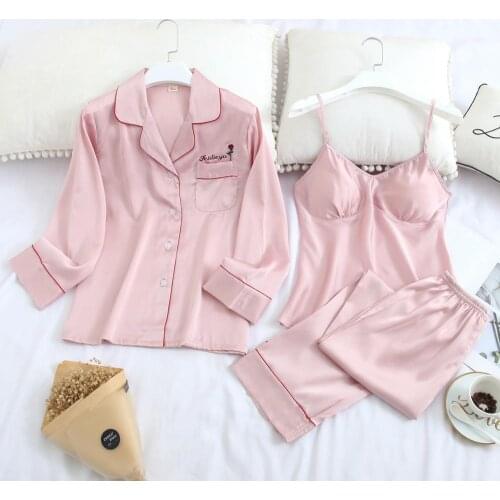 Print pyjamas women long sleeve silk pajamas set 3 pieces sleepwear home suit sexy swomens nightwear pijama