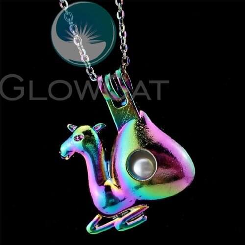 R-C835 Rainbow Colors Camel Alpaca Beads Cage Pendant Essential Oil Diffuser Oyster Pearl Cage Locket Necklace