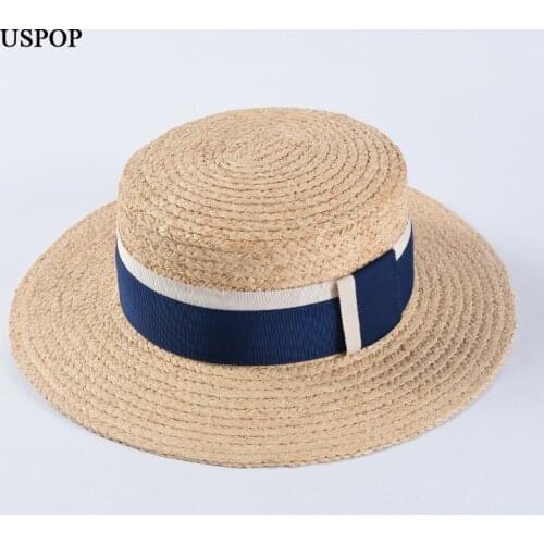 USPOP 2019 Newest raffia sun hats women fashion flat top wide brim straw hats female summer striped ribbon beach hat