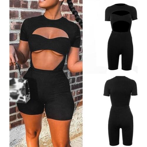 Sexy Stacked Bodysuit Hollow Out Rompers Summer Clothes Shorts Overall 2 Piece Club Outfits