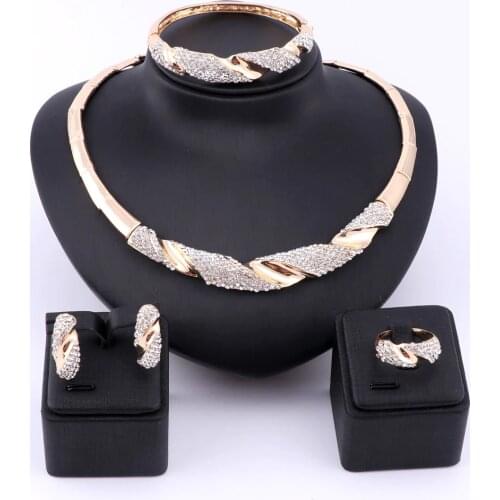 Wedding Bridal Jewelry Set Dubai Gold Color Crystal Women Party Necklace Bangle Earring Ring Fine African Beads Jewelry Set