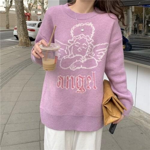 Cute Anime Angel Sweater Fall/Winter Fashion Harajuku Sweater Female O-Neck Long Sleeve Student Oversized Sweater Pullover Woman