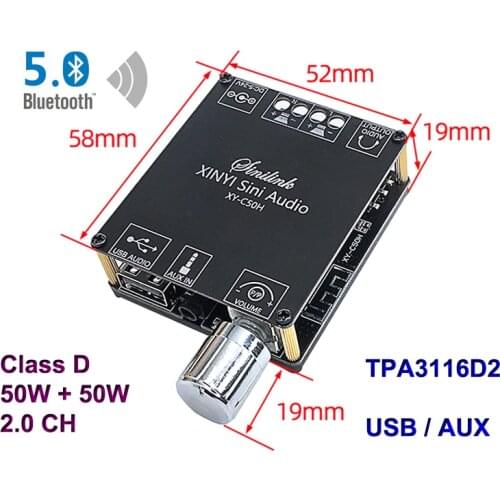 TPA3116D2 2*50W Bluetooth 5.0 Class D Audio Power Amplifier 10W~200W HiFi Stereo Wireless Music USB Sound Card App Digital AMP