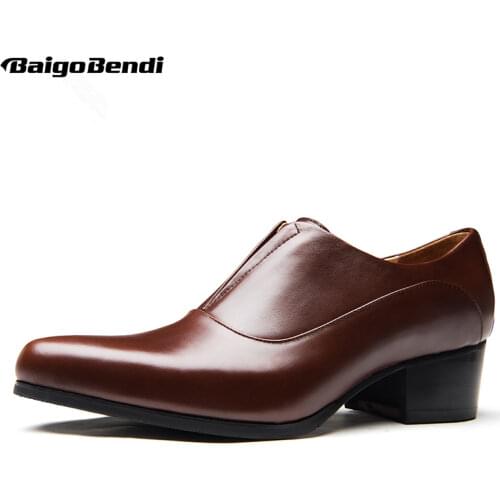Luxury Mens Genuine Leather Hight Heel Formal Dress Shoes Trendy Thick Heel 5 Cm Designer Shoes Hight End