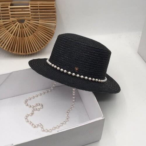 Spring, summer, the new black straw flat-topped hat trill with hat woman holiday beach sun hat