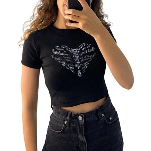 Women Y2K Aesthetic Skull Gothic T-Shirt Short Sleeve Round Neck Heart Skeleton Rhinestone Crop Tops Rib Knit T-Shirts Harajuku