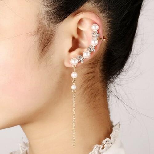 Personality women fashion Simulated-pearl tassel alloy clip earrings cute style girls crystal snowflake ear bones clip ear cuff