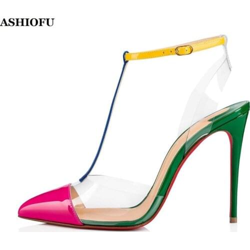 ASHIOFU Newest Hot Sale Ladies Stiletto High Heel Pumps T-strap Patchwork Sexy Party Dress Shoes Slingback PVC Fashion Shoes