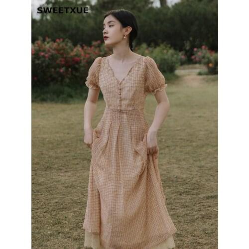 SWEETXUE French Retro Bubble Sleeve V-neck Plaid Long Dress Female Summer Chiffon Lace Stitching Casual Fashion Dresses