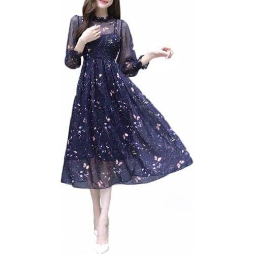 Floral Dress Women 2021 Summer New Korean Version Elegant Waist A-line Thin Fake Two-piece Slim Print Dresses Female JD1179