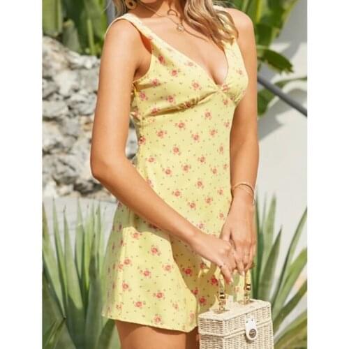 Floral Silk Mini Dress Women 2021 New Sleeveless Slim V-neck Sexy Holiday Beach Sundress Vintage Elegant Bandage Print Robe