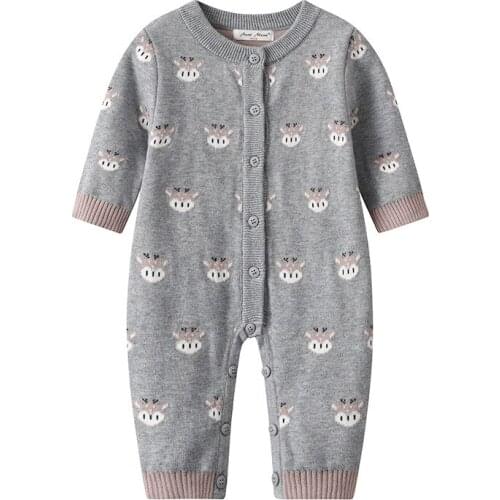Winter Baby Boys Rompers Grey Cotton Knitted Newborn Bebes Sweater Jumpsuits Casual Button Up Long Sleeve Toddler Infant Clothes