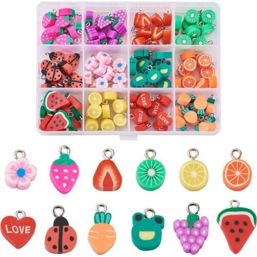 120pcs/box Handmade Polymer Clay Charms Pendant Fruit Flower for Jewelry Making DIY Bracelet Necklace Accessories Finding