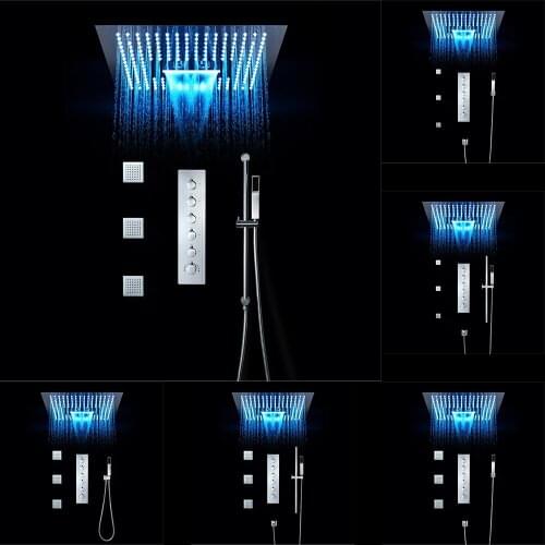 16 Inch Square Luxury LED Shower Head Set with 64 Color Change and Ceiling Embedded design Shower Head And 3 body jets