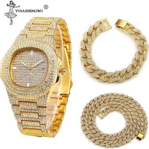 3 Pcs Necklace+Watch+Bracelet Hip Hop Miami Cuban Chain Gold Color Iced Out Paved Rhinestones CZ Bling Rapper Men Jewelry Joyas