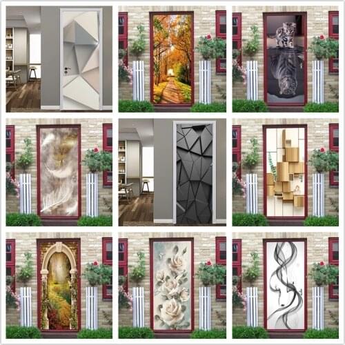 3D Black Geometric Door Wallpaper Murals DIY Self-adhesive Waterproof Removable Poster Art Mural Decal Home Decor stickers porte