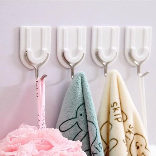 6PCS Strong Adhesive Hook Wall Door Sticky Hanger Holder Kitchen Bathroom White Hanging Door Clothes Towel Handbag Holder Wall